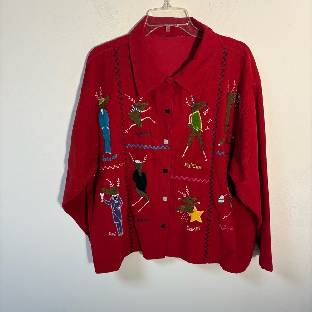 Festive Womens Red Button-Up Shirt with Reindeer Embroidery Christmas Fun Large